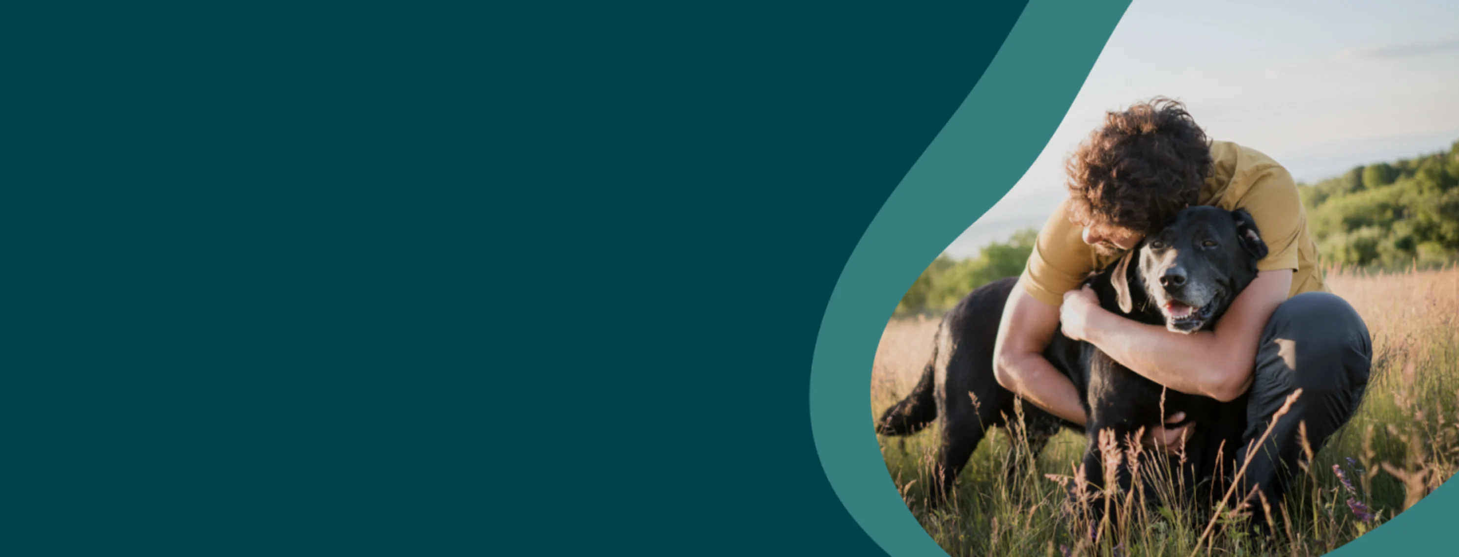 Man hugging happy dog out in field Man hugging happy dog out in field