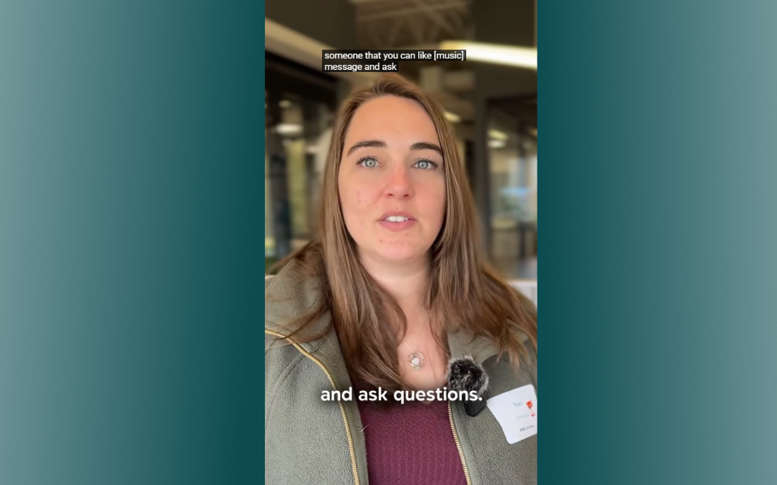 Woman speaking to the camera.