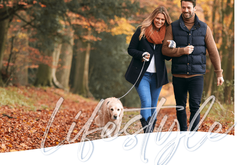 A man and woman walking with a dog in an autumn forest