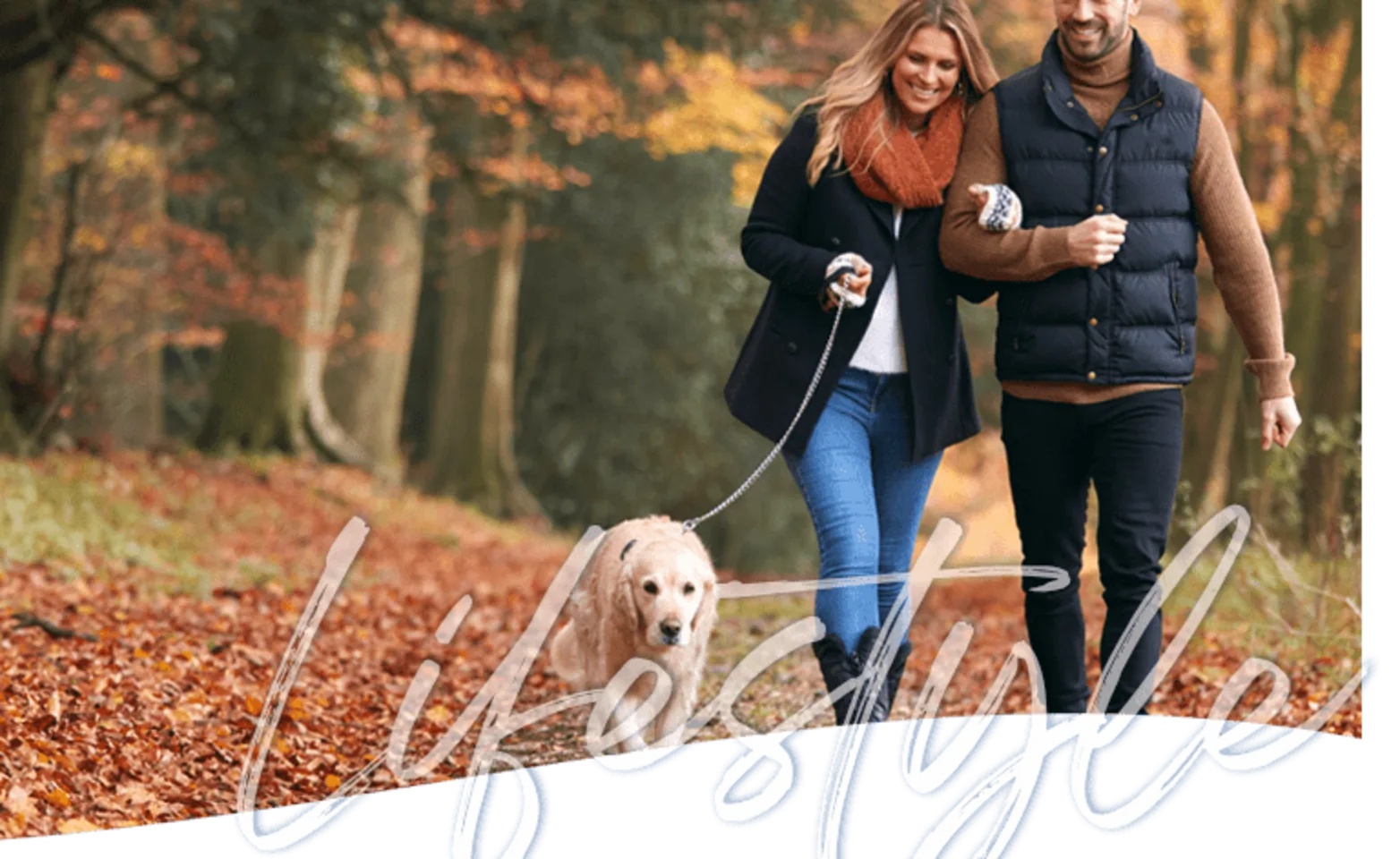 A man and woman walking with a dog in an autumn forest A man and woman walking with a dog in an autumn forest