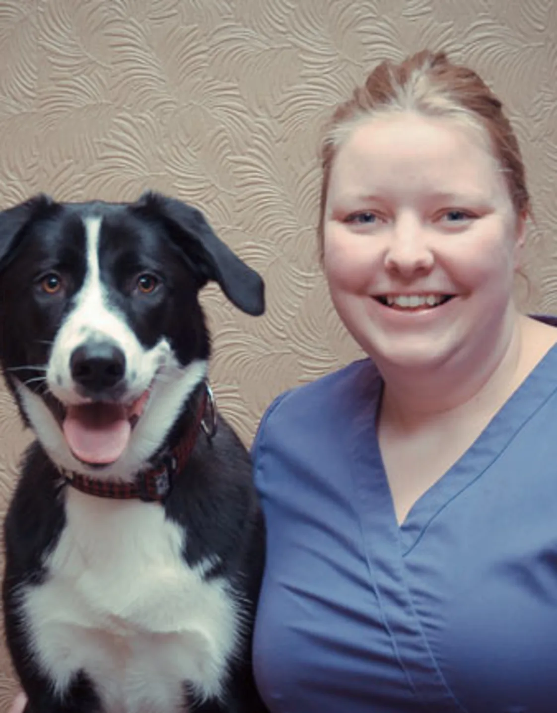 Kate Dean holding onto a black and white dog Kate Dean holding onto a black and white dog