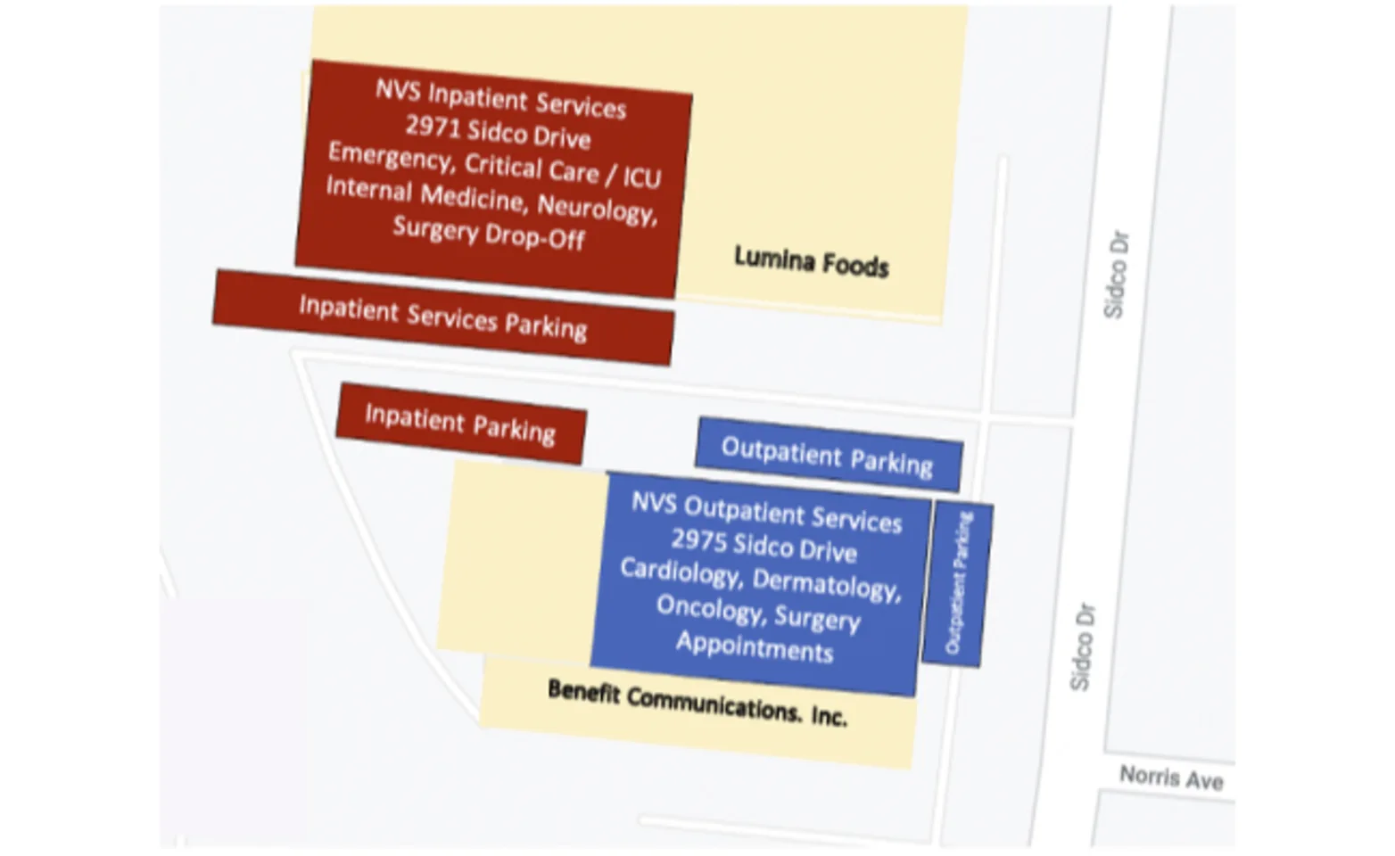 a labelled map showing the location of the new Outpatient Services Building at Nashville Veterinary Specialists