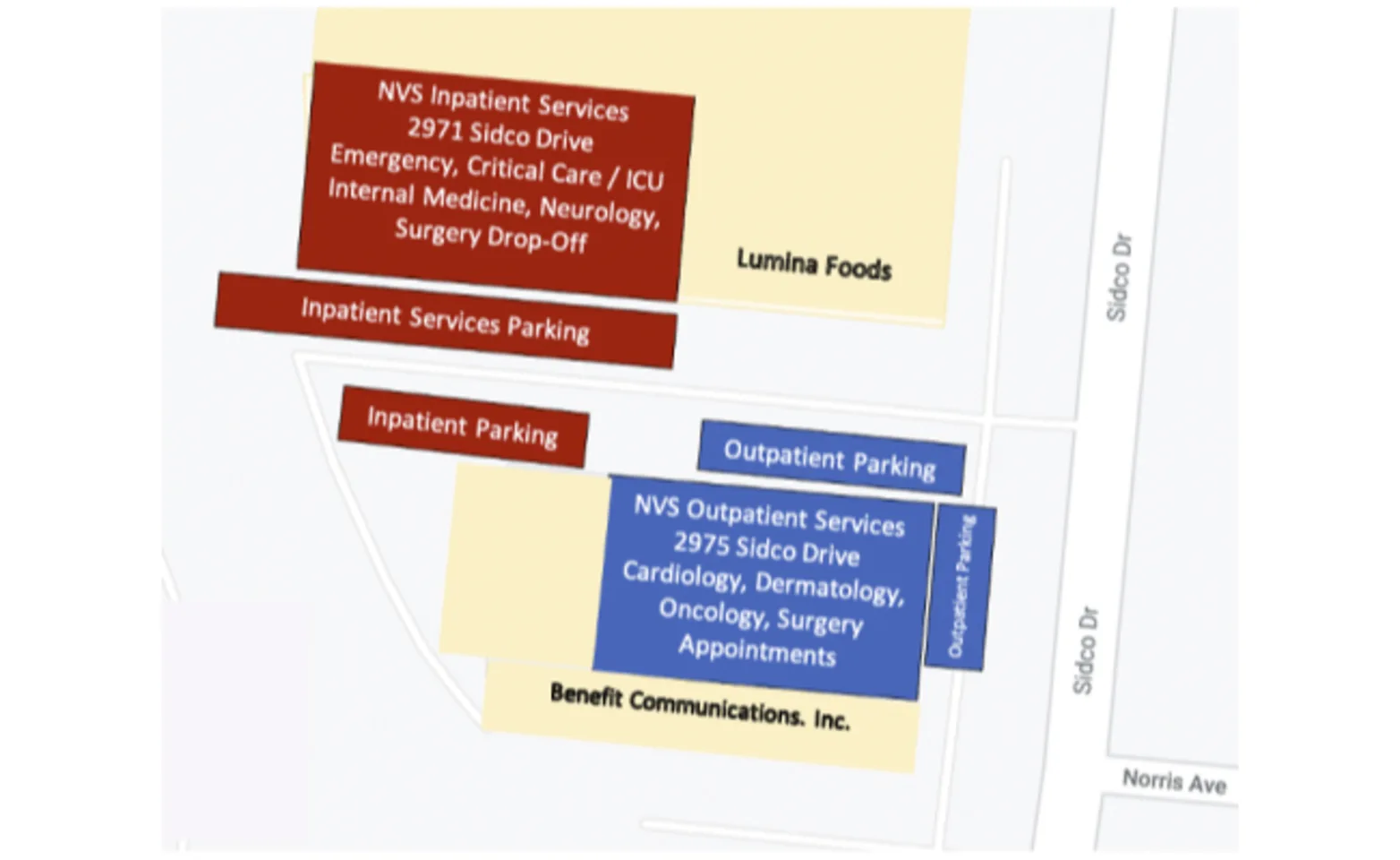 a labelled map showing the location of the new Outpatient Services Building at Nashville Veterinary Specialists