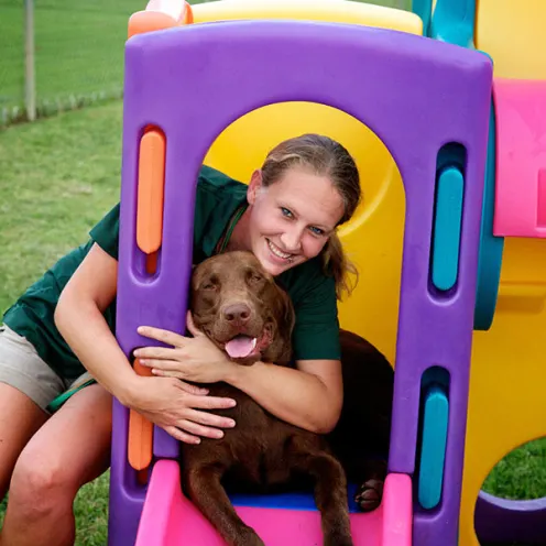 Staff with brown lab on slide.