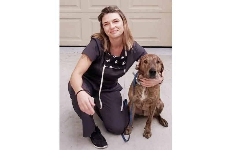 Woman Staff Member Kneeling Next to a Brown Dog 