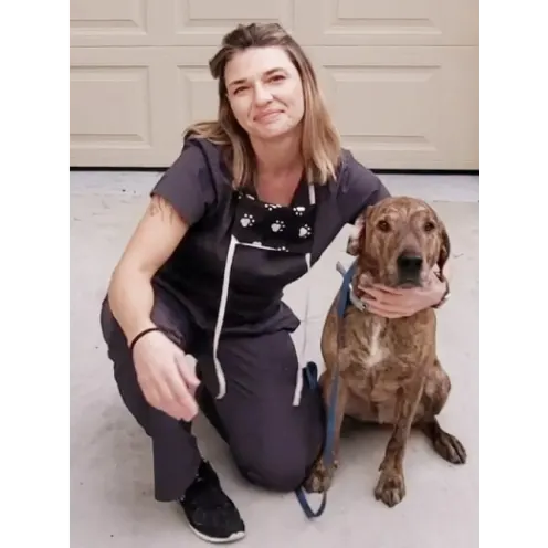 Woman Staff Member Kneeling Next to a Brown Dog 