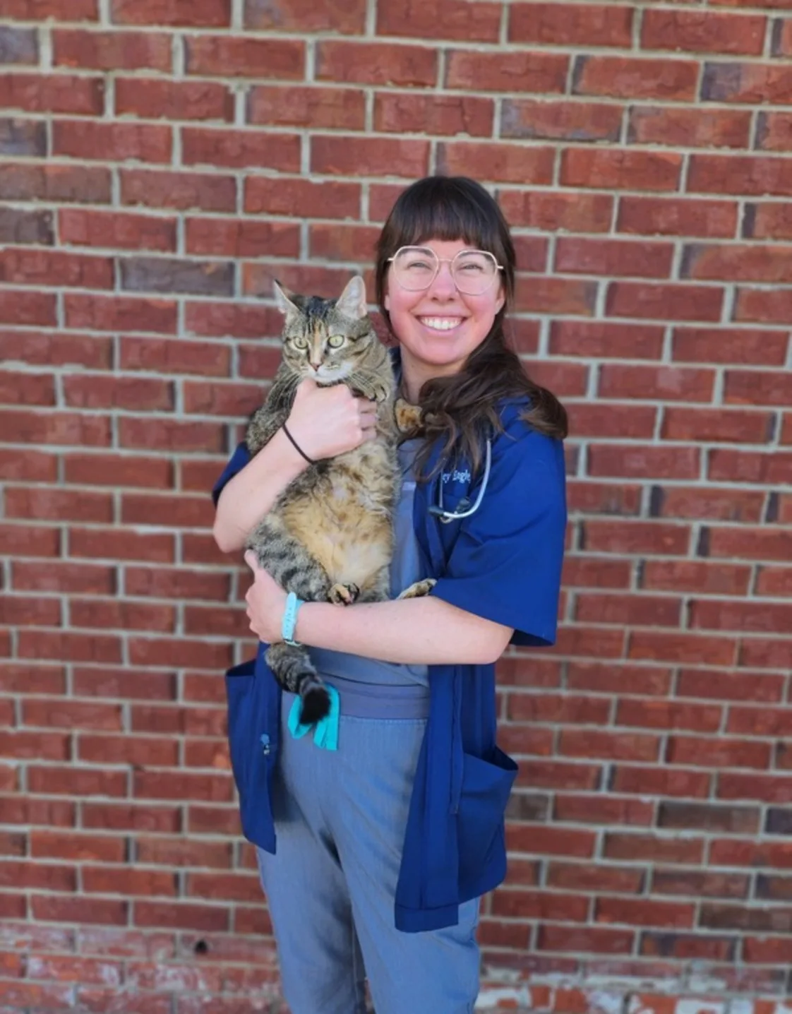 Dr. Harley Engle holding onto a tabby cat while smiling in front of a brick wall. Dr. Harley Engle holding onto a tabby cat while smiling in front of a brick wall.
