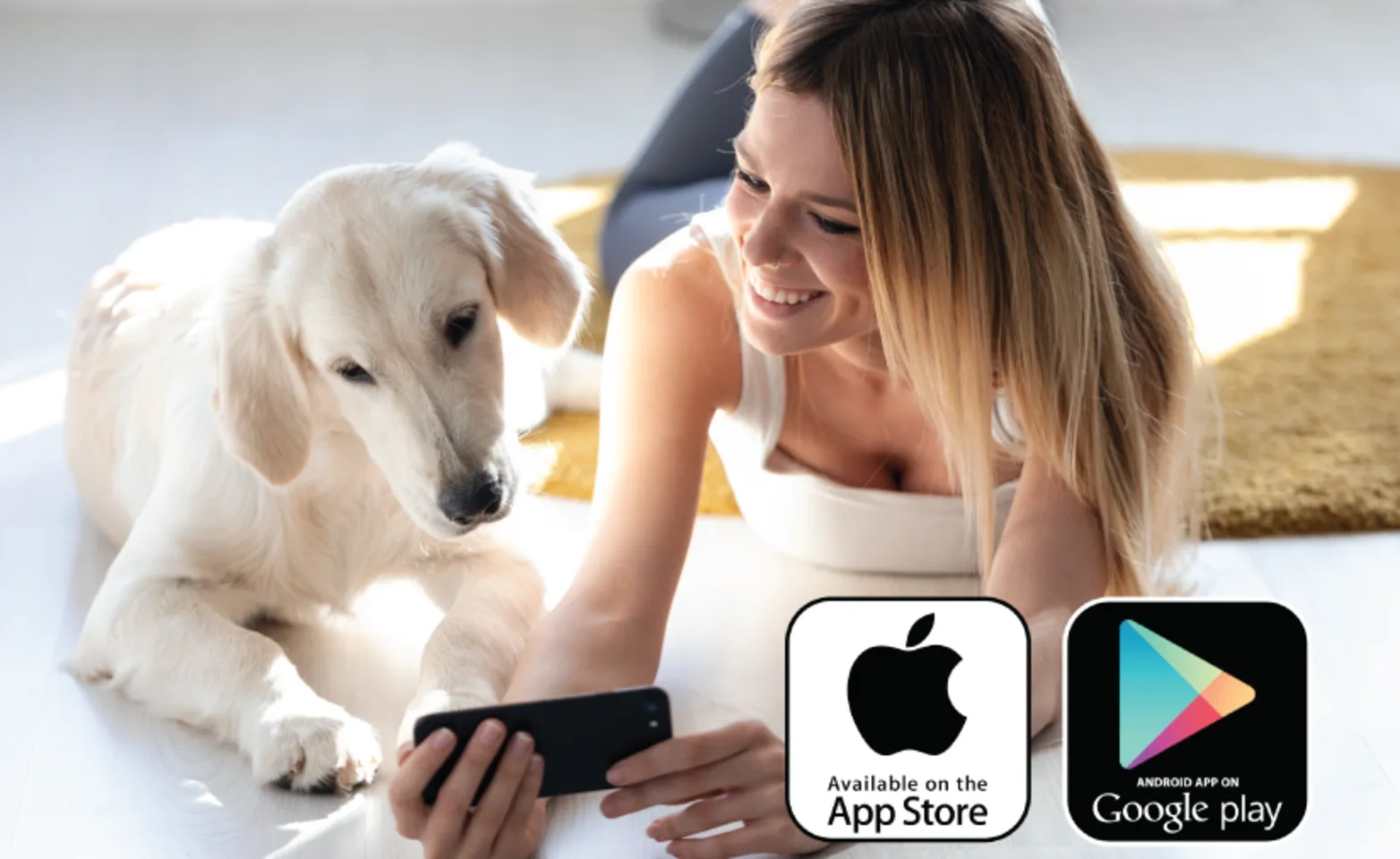 Women on phone with dog next to her with App Store and Google Play logos