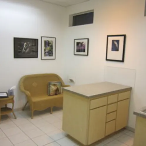Sitting area and exam table in examination room at Quail Hollow Animal Hospital
