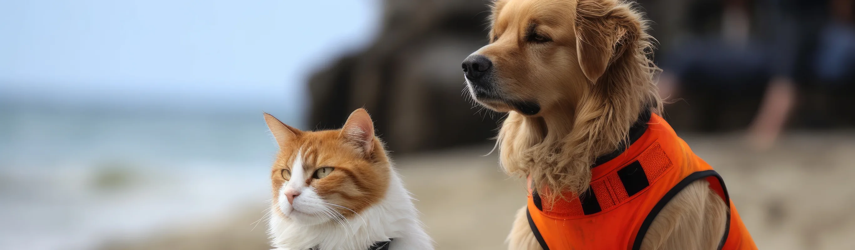 A dog and cat sitting on a beach A dog and cat sitting on a beach