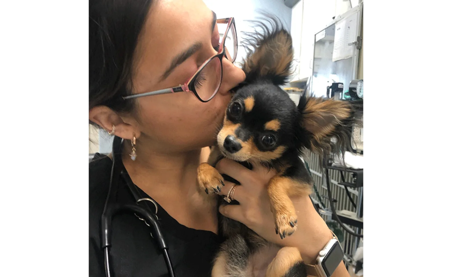 Staff giving a small dog a kiss on their head