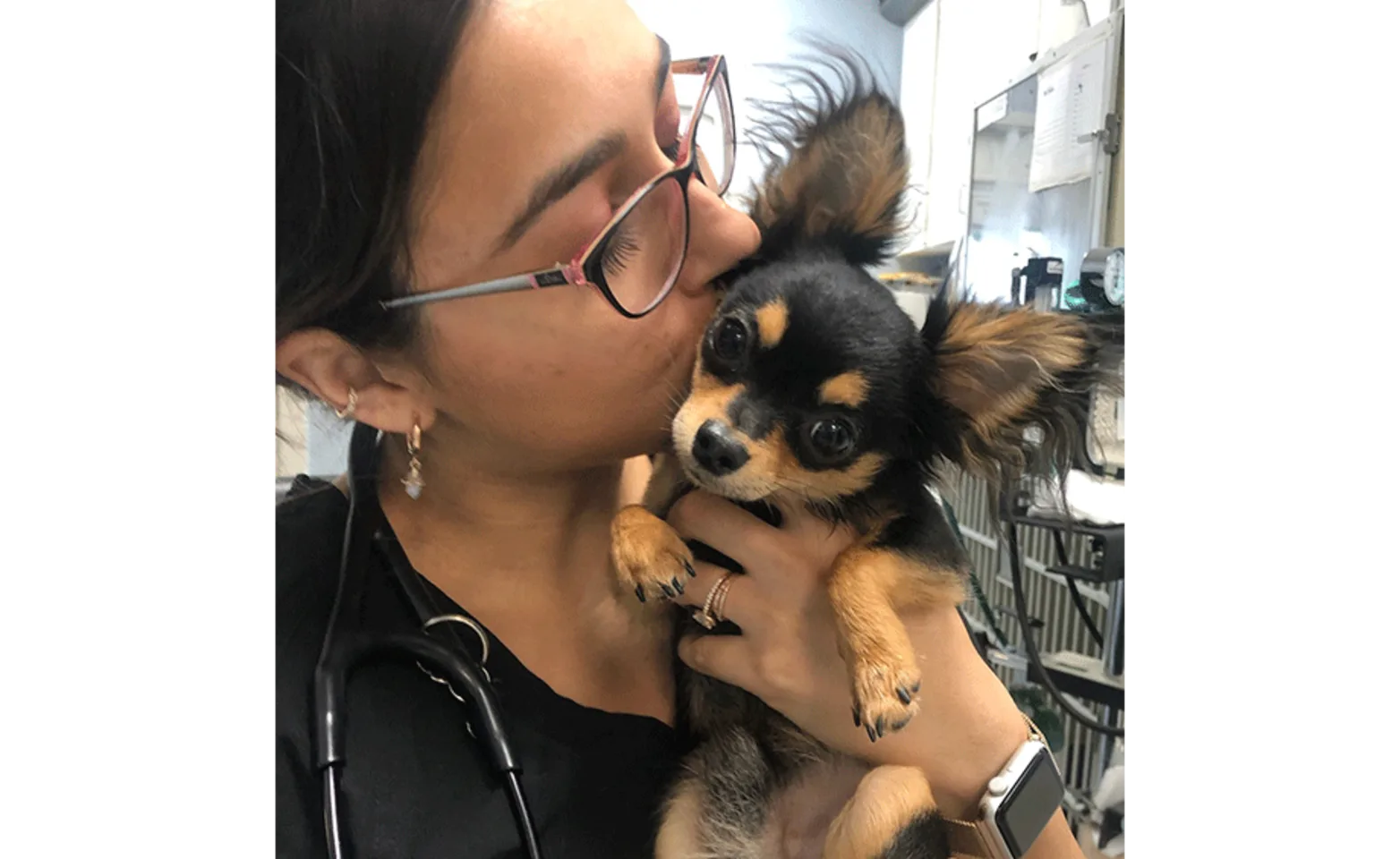 Staff giving a small dog a kiss on their head Staff giving a small dog a kiss on their head