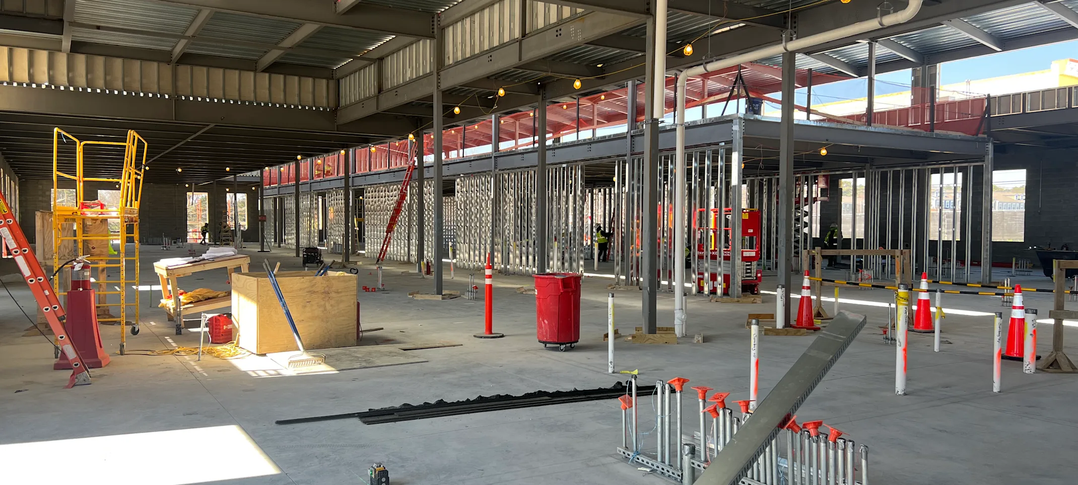 An inside view of the construction of the building. An inside view of the construction of the building.