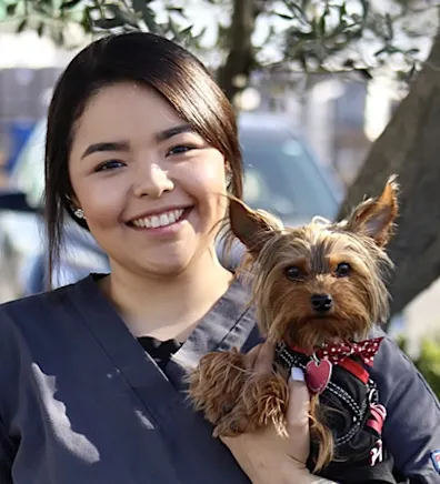 Woman holding a dog smiling at the camera Woman holding a dog smiling at the camera