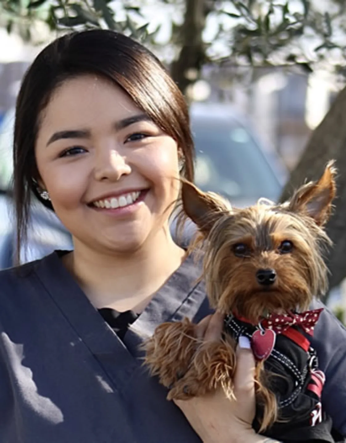 Woman holding a dog smiling at the camera Woman holding a dog smiling at the camera