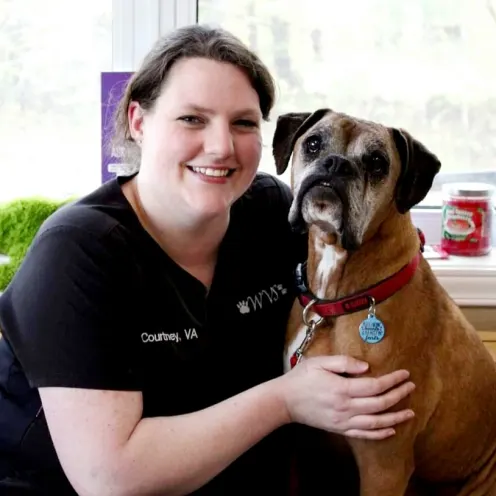 Williamstown Veterinary Services staff member, Courtney, with a dog
