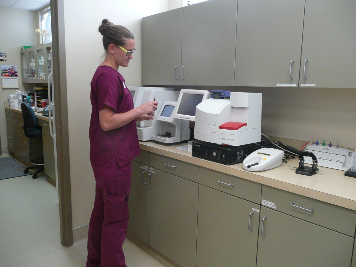 staff member standing in front of equipment that sits atop a counter