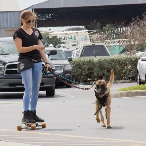 Trainer on a skateboard with a dog