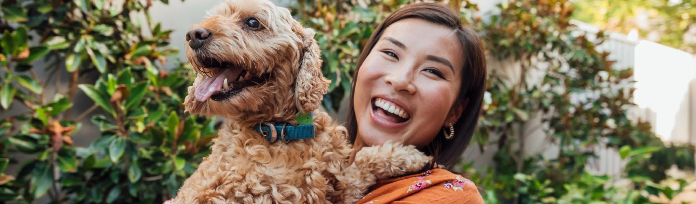 Woman holding puppy while smiling. Woman holding puppy while smiling.