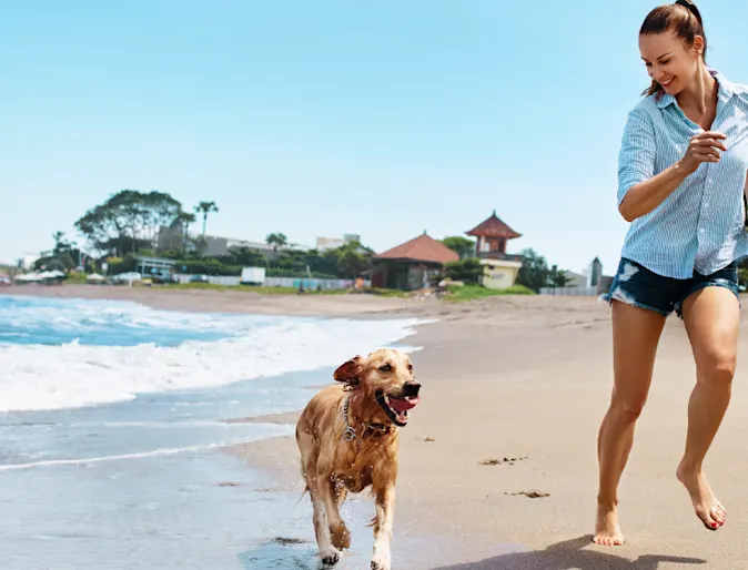 Women and dog running on the beach with waves