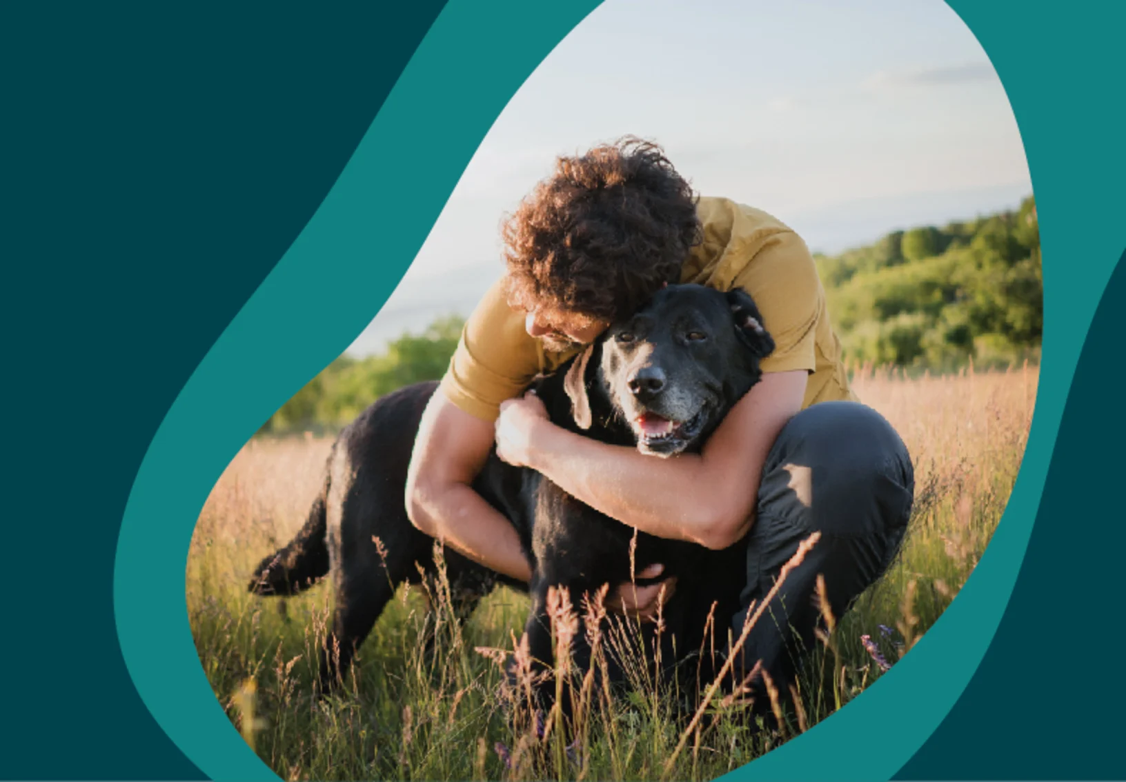 Man hugging happy dog in field Man hugging happy dog in field