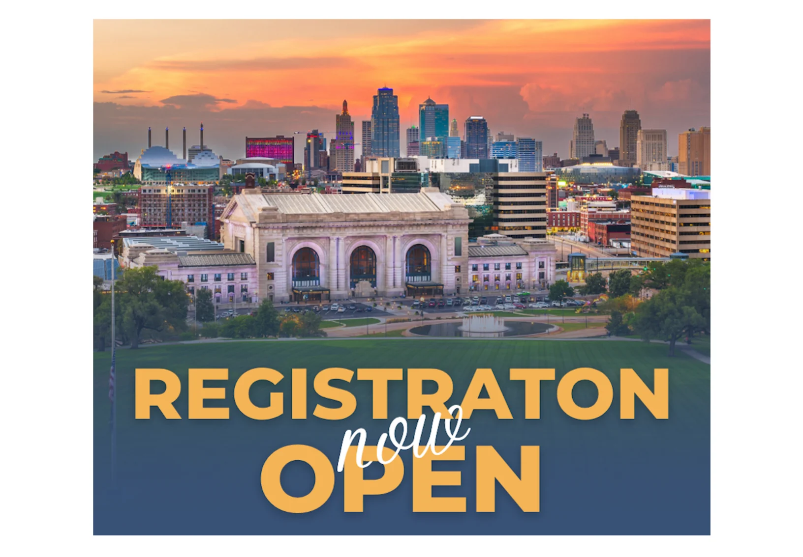 Overland Park city view with "registration now open" text overlay Overland Park city view with "registration now open" text overlay