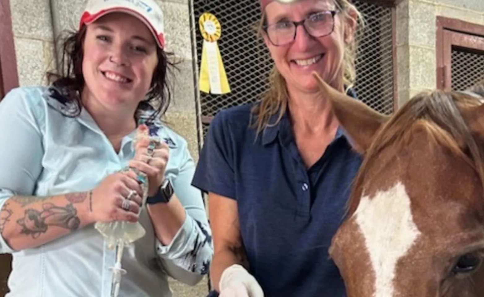 Jennifer Buchholz and staff member with a brown horse Jennifer Buchholz and staff member with a brown horse