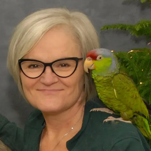 Sandra McBride smiling with her Lilac Crowned Amazon on her shoulder Sandra McBride smiling with her Lilac Crowned Amazon on her shoulder