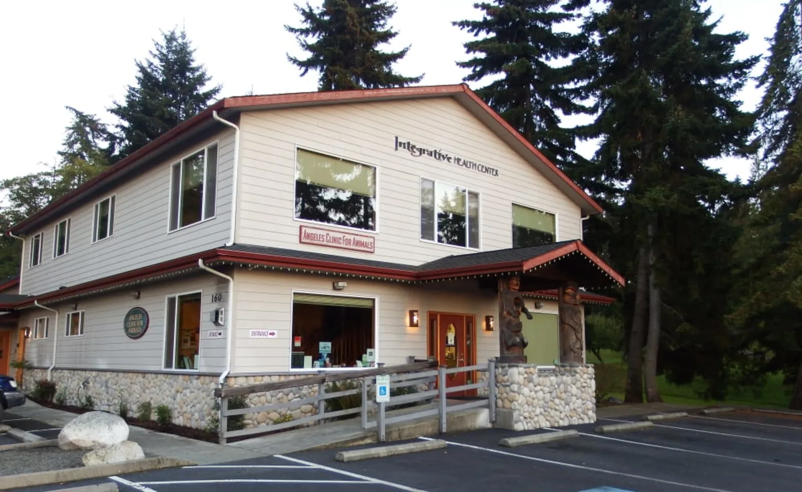 Angeles Clinic for Animals Exterior entrance and giant pine trees