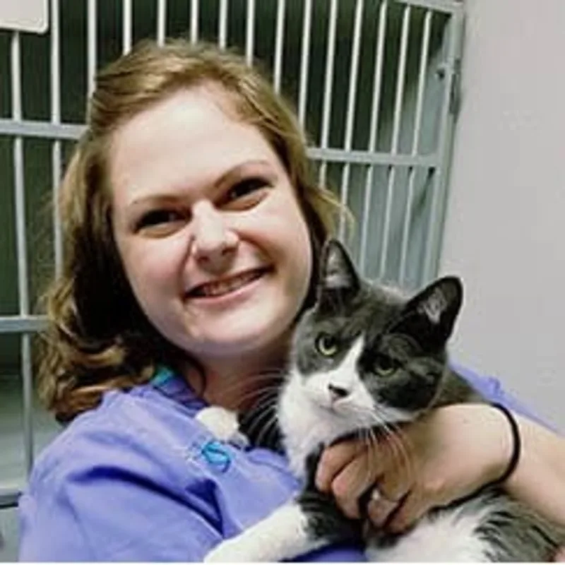 Sarah - RVT holding a black and white cat at Animal Care Clinic West & Metro Cat Hospital Sarah - RVT holding a black and white cat at Animal Care Clinic West & Metro Cat Hospital