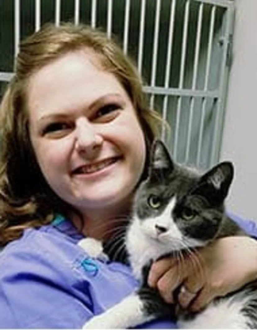 Sarah - RVT holding a black and white cat at Animal Care Clinic West & Metro Cat Hospital