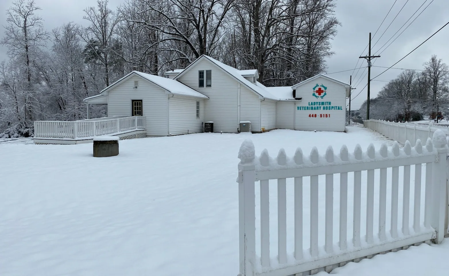 Ladysmith Veterinary Hospital covered in snow