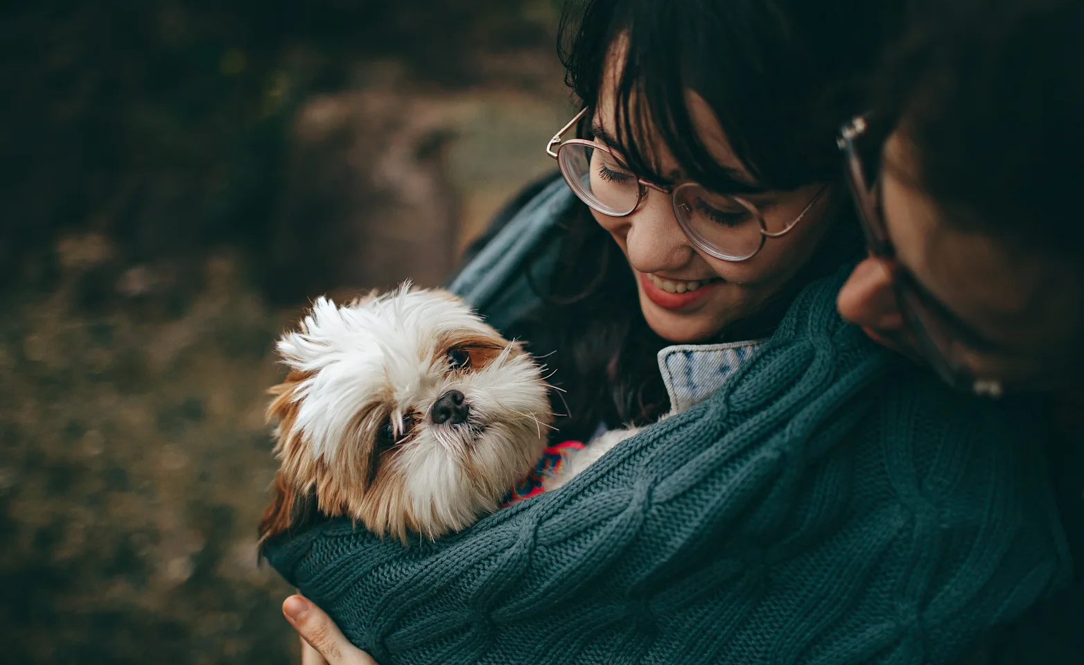 Young couple hugging their shih tzu pup Young couple hugging their shih tzu pup
