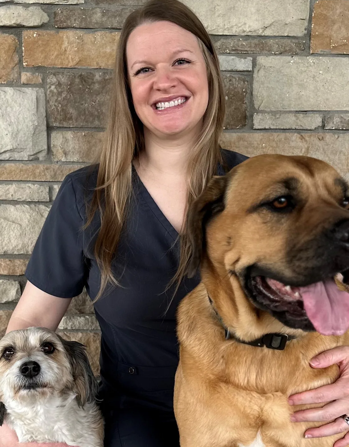 Judy sitting in front of a black backdrop with two dogs Judy sitting in front of a black backdrop with two dogs