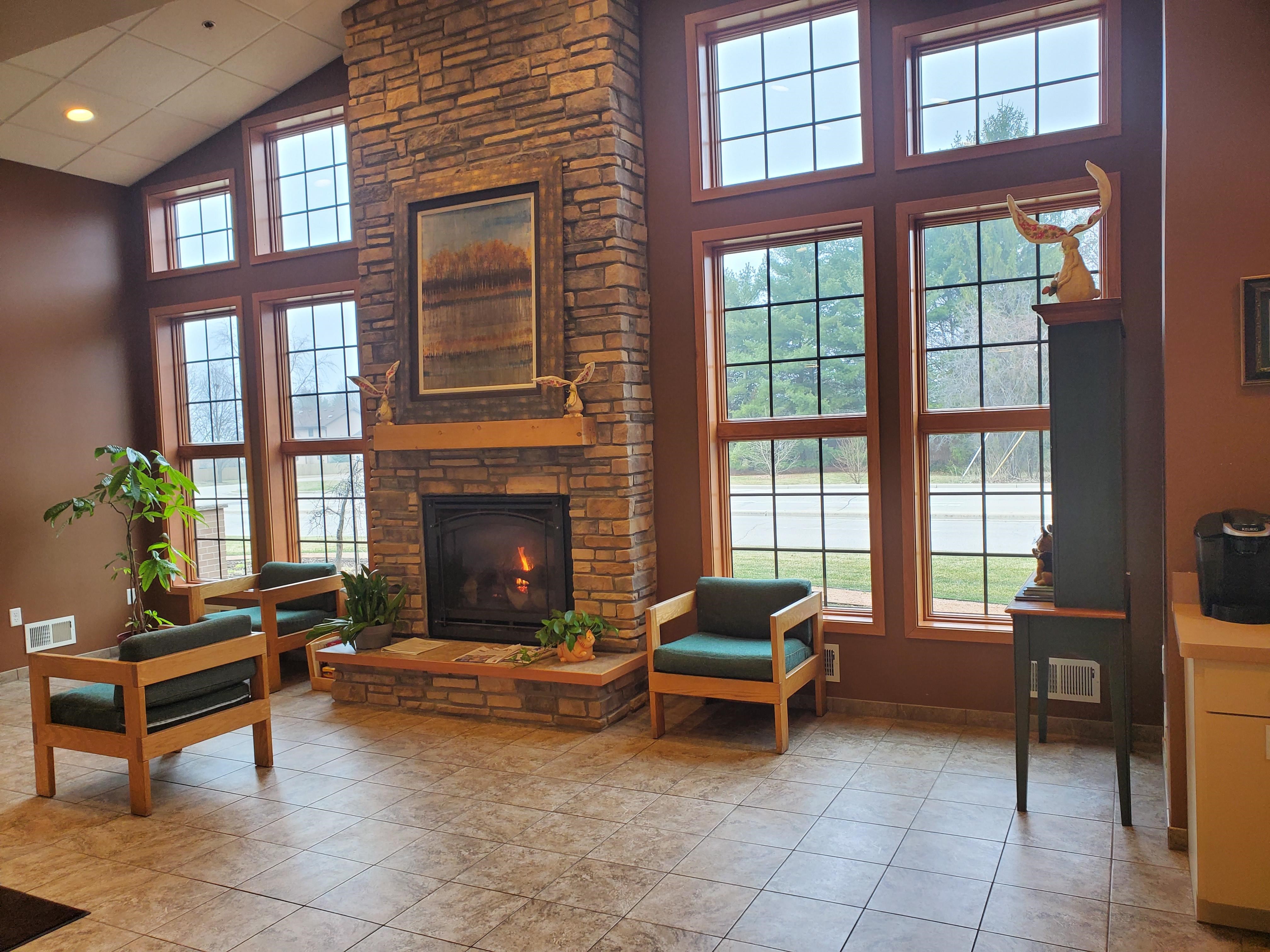 Lobby with fireplace and chairs at Willow Springs Veterinary Clinic 