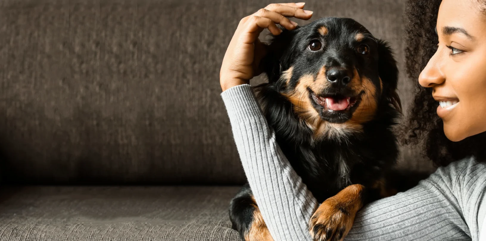 A woman cuddling with a black and brown dog on a couch