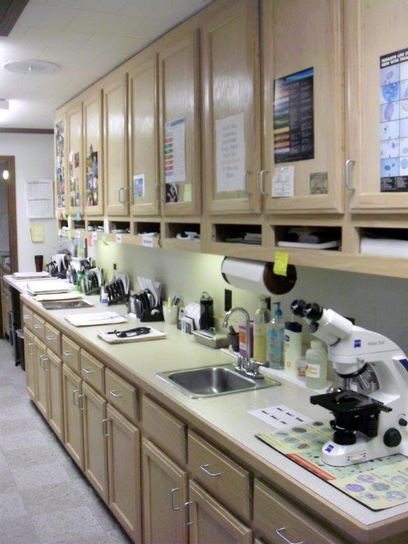 A multipurpose work station containing notes, a microscope, posters, and other veterinary supplies