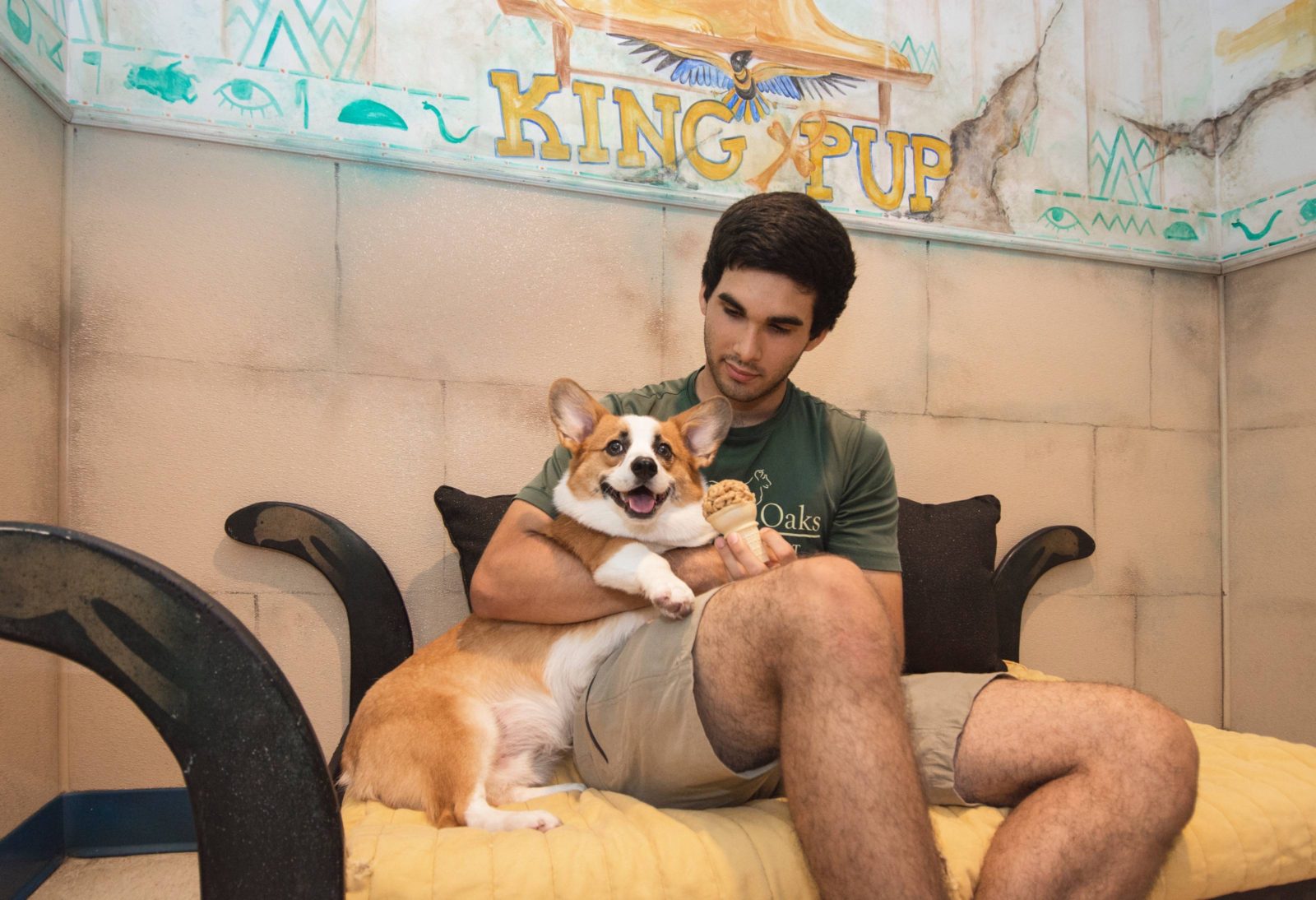 Staff reading to dog at Rover Oaks Pet Resort
