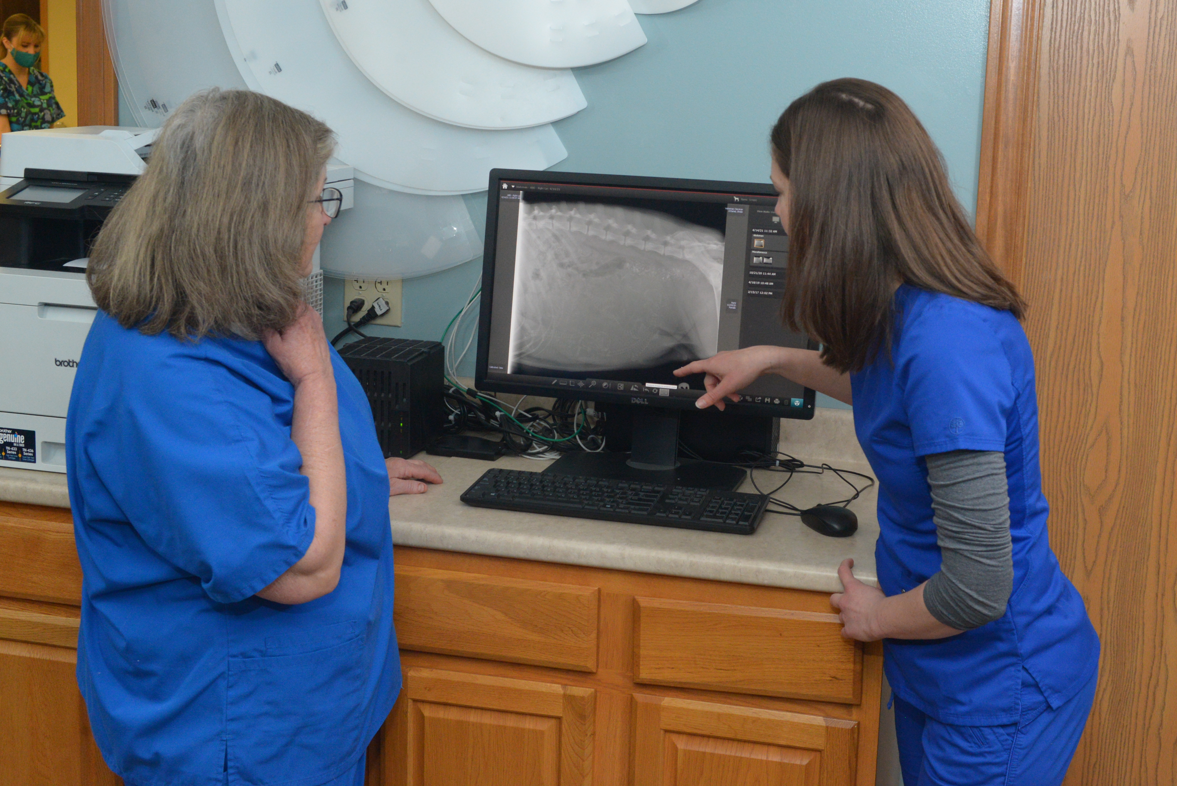 Two veterinary staff observing a scan on a computer monitor
