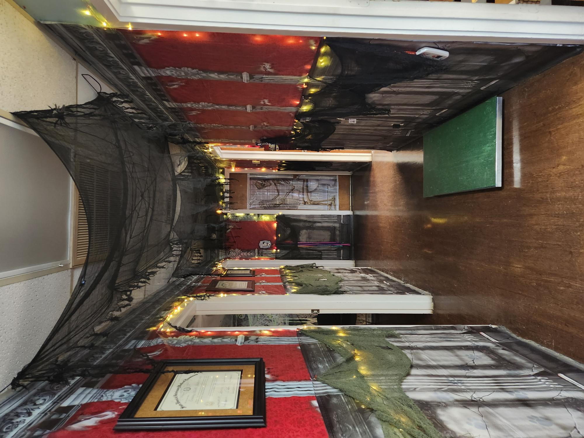 Hall decorated for Halloween