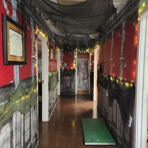 Hall decorated for Halloween