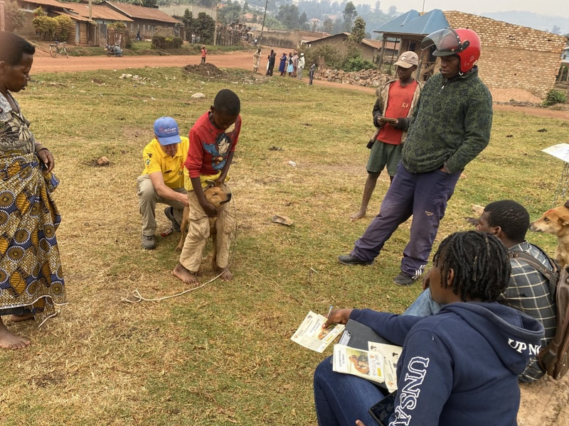 People watching Dr. Joe helping a dog with a kid assisting