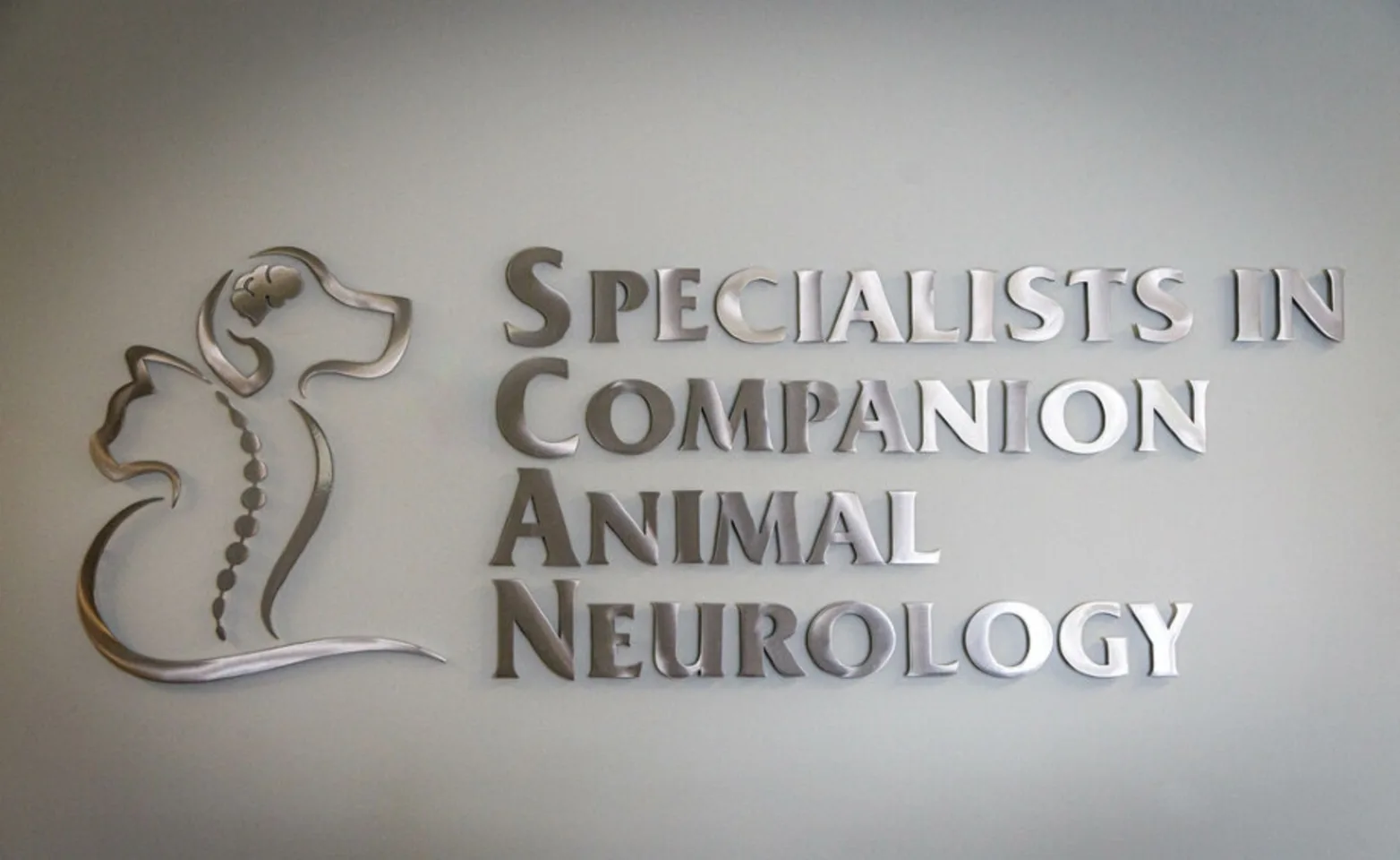 A metal cutout of the Specialists in Companion Animal Neurology (SCAN) logo hanging on a wall A metal cutout of the Specialists in Companion Animal Neurology (SCAN) logo hanging on a wall