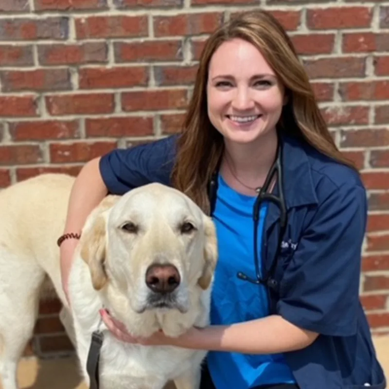 Dr. Kristie Korczyk holding onto a golden labrador while smiling for a photo. Dr. Kristie Korczyk holding onto a golden labrador while smiling for a photo.