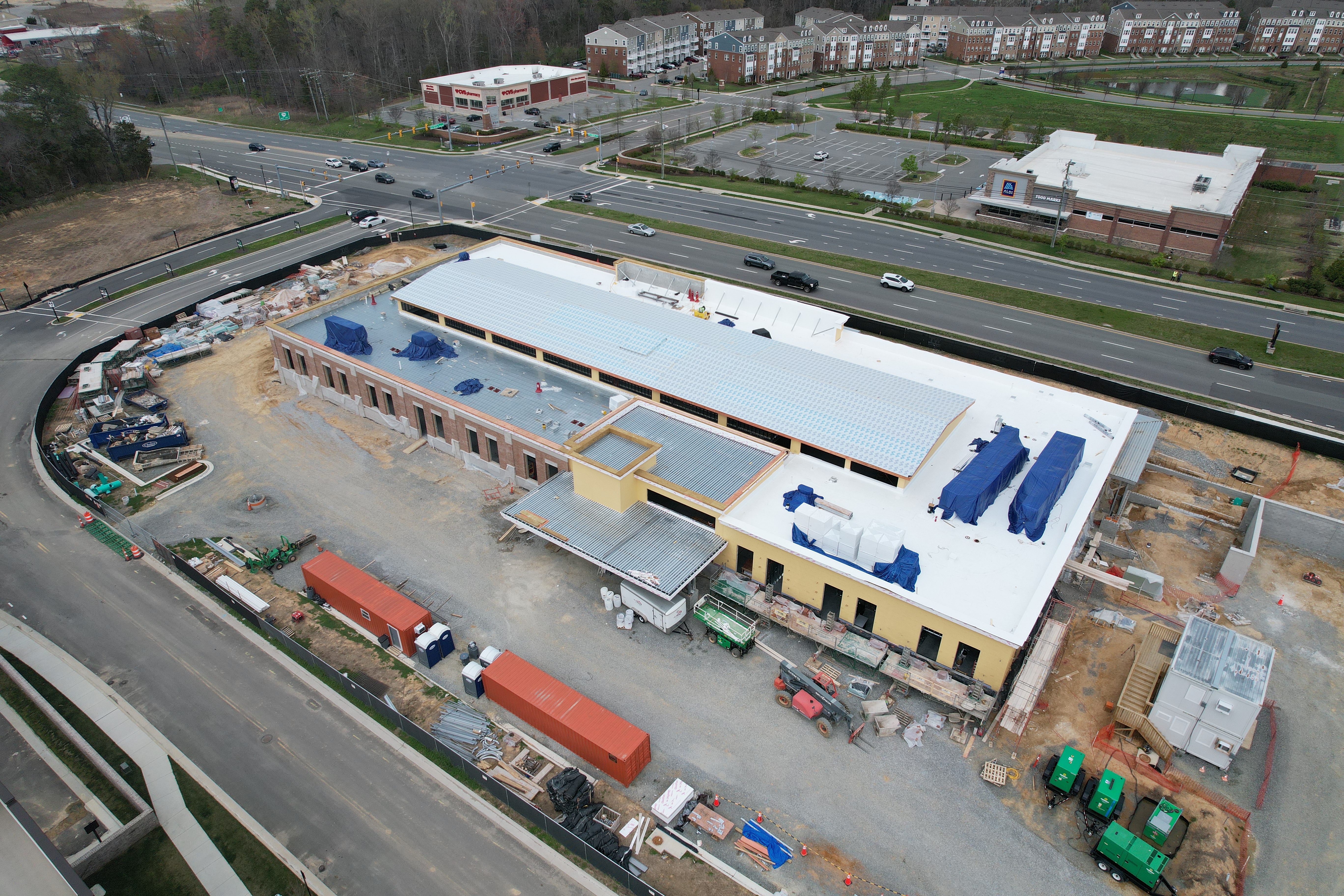 An aerial sideview shot from the left of the foundation being constructed. 