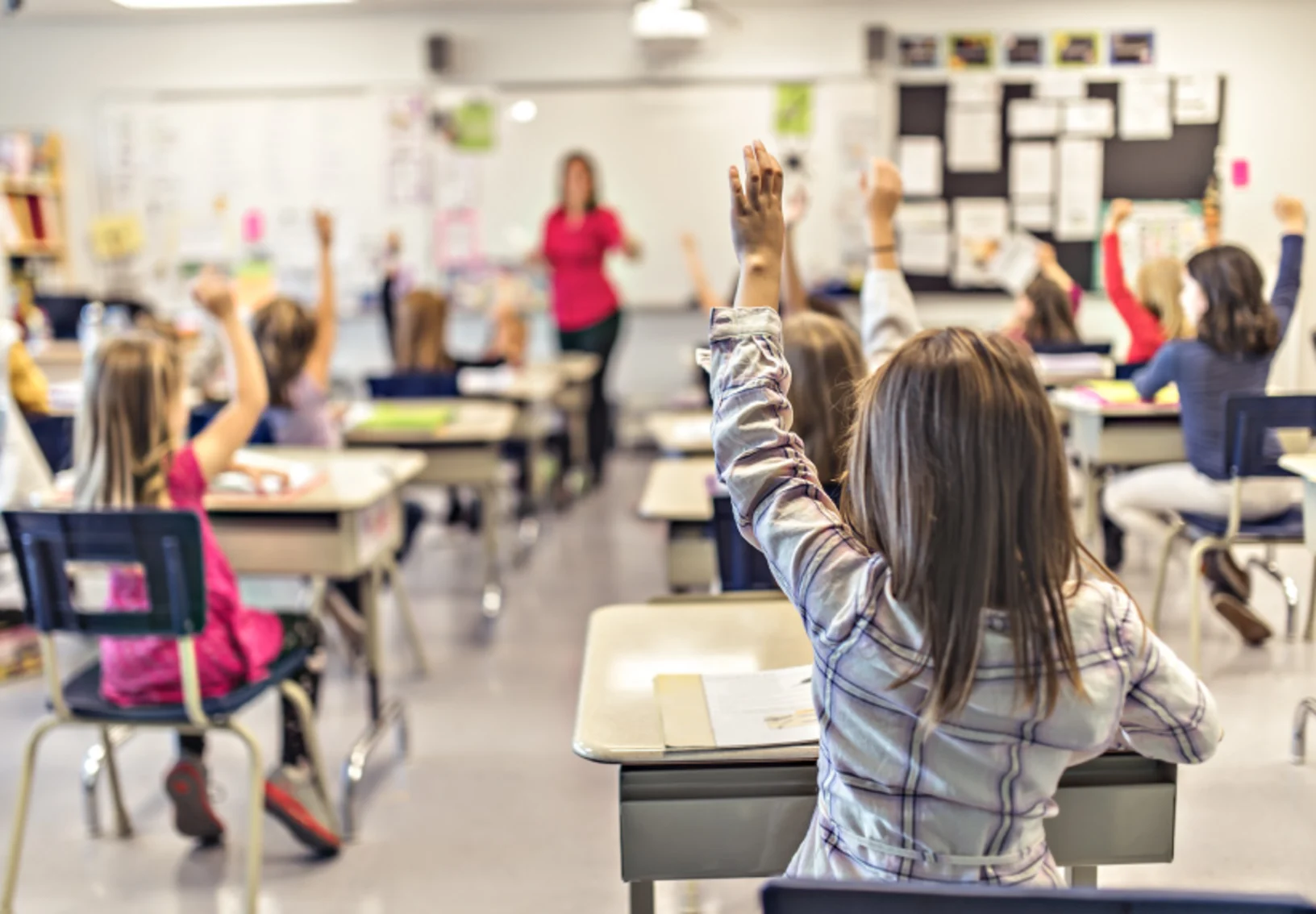 Children in a classroom raising their hands