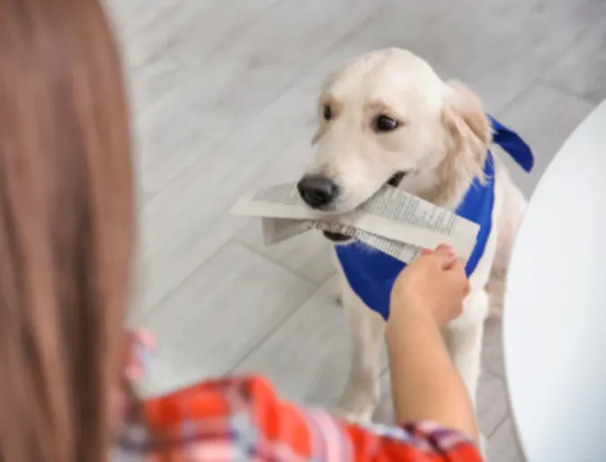 Cream colored dog with a blue bandana on holding a newspaper in its mouth