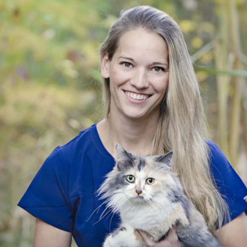 Dr. Franzi Ruder holding a calico cat Dr. Franzi Ruder holding a calico cat