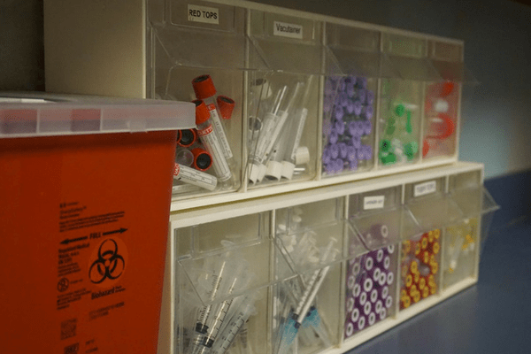 Strawbridge Animal Care's Medical Supply Room where there are plastic drawers of brand new syringes and blood viles to be used.