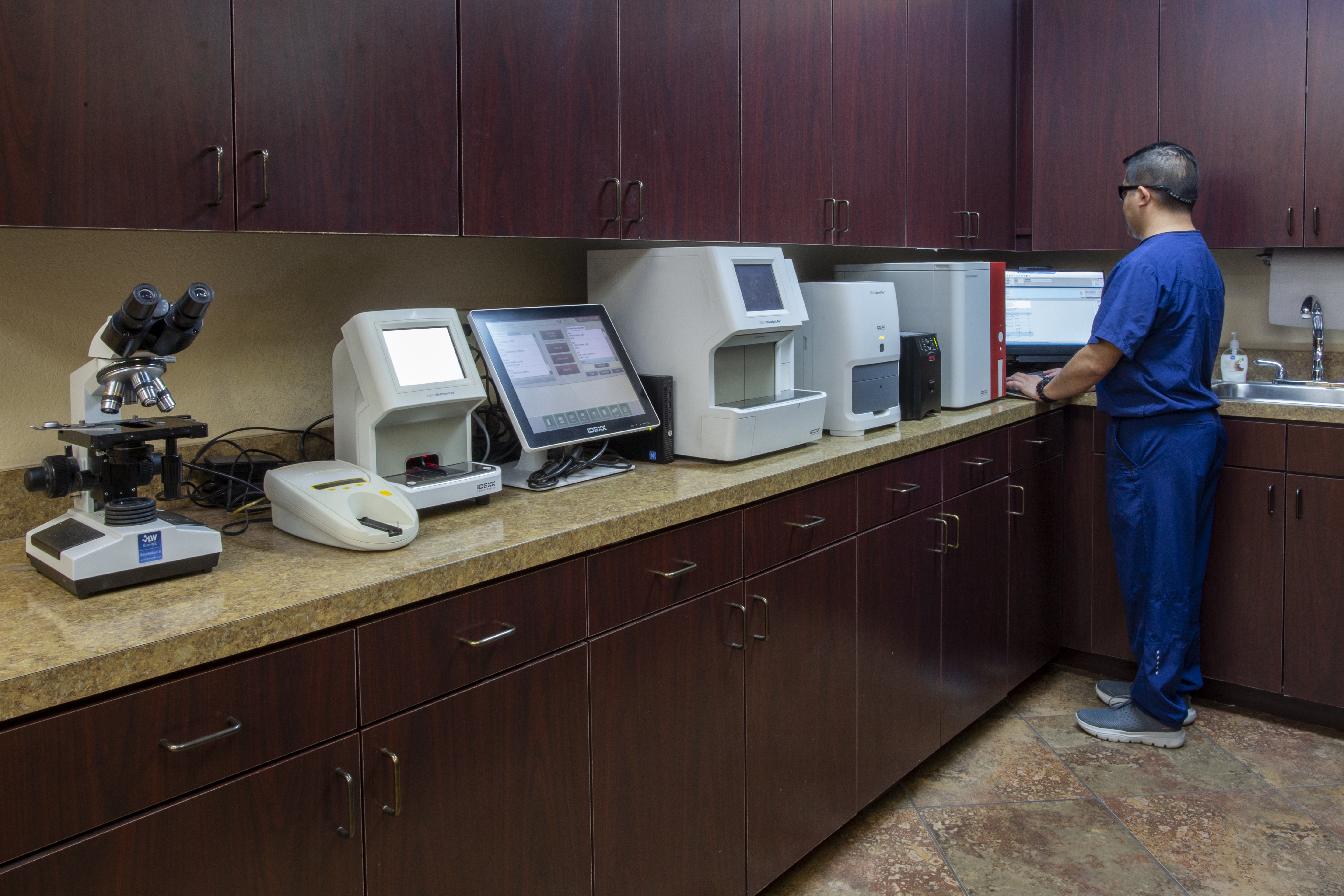 Animal Medical and Surgical Hospital of Frisco Lab with one staff member and one female staff member working together.